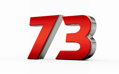 Metallic Red number 73 or Seventy three with silver edges stands on a white background. 3d illustration