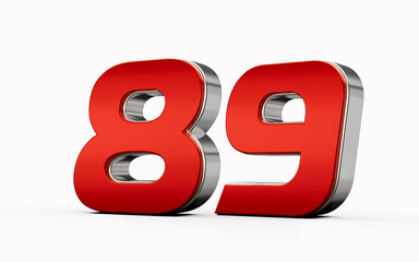 Metallic Red number 89 or Eighty nine with silver edges stands on a white background. 3d illustration