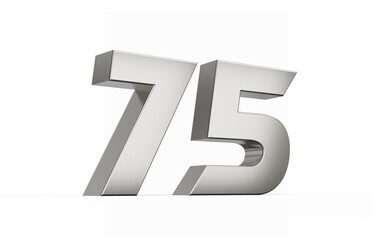 3d Silver number 75 Seventy five sleek metallic look isolated on white background, 3d illustration