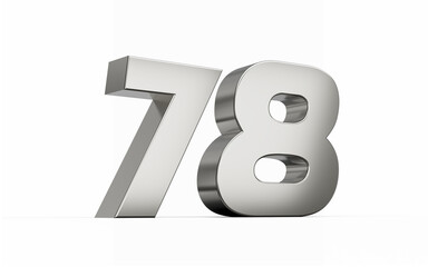3d Silver number 78 Seventy eight sleek metallic look isolated on white background, 3d illustration