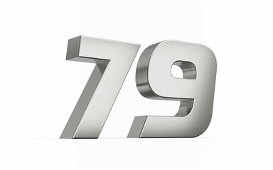 3d Silver number 79 Seventy nine sleek metallic look isolated on white background, 3d illustration
