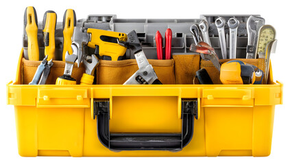 A bright yellow toolbox filled with various hand tools, set against a neutral background for easy viewing