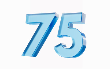 3d Glossy Blue number 75 Seventy five isolated on white background. 3d illustration