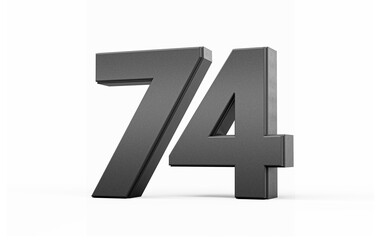 Sleek metallic Black number 74 Seventy four standing on a white background, 3d illustration