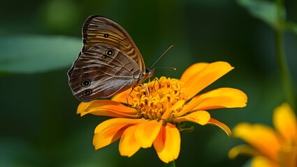 Obraz premium Brown Butterfly on Vibrant Orange Zinnia Flower; Serene Nature Close-Up