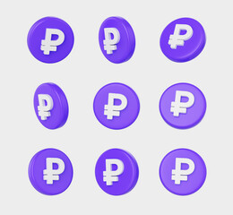 3D Render of a Purple coins featuring a white ruble symbol on its surface, 3d illustration