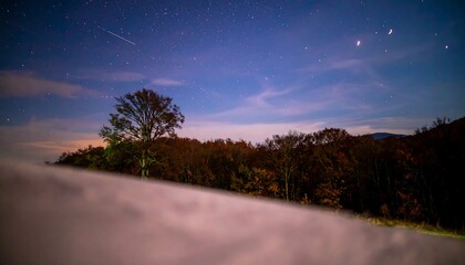 Starry Night Landscape with Crescent Moon and Meteor Over Forest and Fog