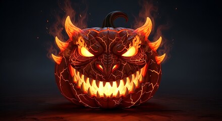 Fearsome lava pumpkin monster with glowing eyes and horns, a terrifying halloween character