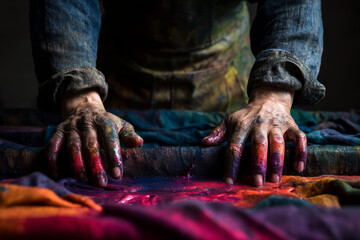 A fabric dyer dipping textiles into vibrant colors. Hands stained with pigments show dedication