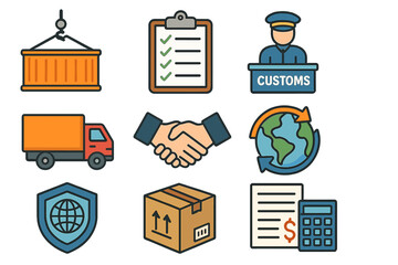 Logistics and international trade icon set. Vector icons for customs, shipping, delivery, and freight. Global business, supply chain management, and import-export concepts.