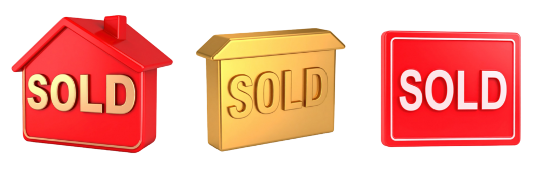 3D Plastic Style Sold Icons Set Illustrating Real Estate Symbols In Red And Gold Colors Featuring House And Sign On Transparent Background