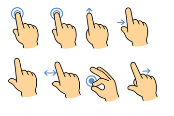 Vector collection of touch screen hand gestures. User interface icon set with finger tap, swipe, scroll, drag, and pinch to zoom. Mobile app UX and UI design elements.