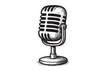 Hand drawn vintage microphone vector illustration. Retro recording mic for podcast, radio, music. Broadcasting, interview, stand up comedy, journalism concept. Monochrome sketch.