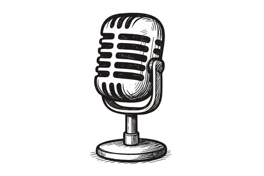 Hand drawn vintage microphone vector illustration. Retro recording mic for podcast, radio, music. Broadcasting, interview, stand up comedy, journalism concept. Monochrome sketch.
