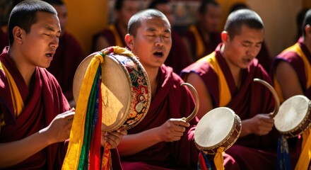 Tibetan Buddhist Monks Chanting and Playing Drums During a Ceremony © ruangfootage