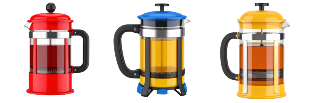 3D Plastic Style French Presses In Red Yellow And Blue With Transparent Background Perfect For Beverages And Brewing Isolated Icon - Powered by Adobe