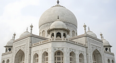 A close-up view of the majestic white marble dome and intricate architectural details of the Taj Mahal against a soft, overcast sky.