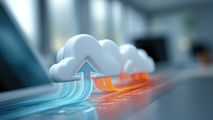 Digital data transfer concept with cloud symbols, arrows, and lines