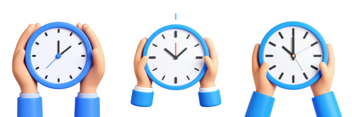 Hands Holding A Blue And White Clock Displaying Different Times Against A Transparent Background Representing Time Management