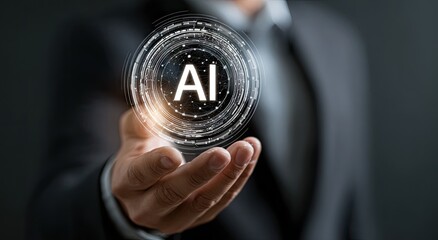 AI Innovation Shaping the Future of Business.  A compelling image depicting a businessman showcasing a glowing AI sphere.