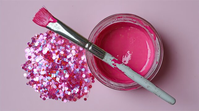 Pink paint jar, paintbrush, and glitter