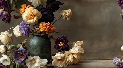 Grey-green textured base with dusty purple dried floral bouquets, matte oil brushstrokes and soft-focus glow layering, nostalgic color temperature triggering positive emotions, cognitive impairment he