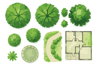 Watercolor landscape architecture design elements set. Top view tree, plant, and bush symbols for park and garden planning. Architectural house floor plan vector illustration.