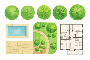 Landscape architecture elements set for construction plan. Top view vector. Watercolor tree, garden, bush, swimming pool, patio and technical house floor plan illustration.