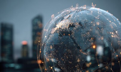 Global network visualization overlaying cityscape with connected lights