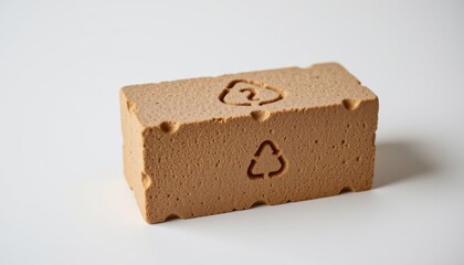 a high resolution eco friendly building brick made of pine resin bonded block, featuring wave like organic ridges and hexagonal honeycomb design, with engraved eco symbol