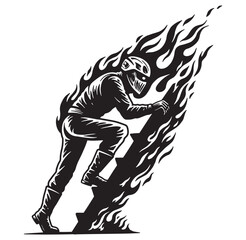 Fototapeta premium Dynamic illustration of a firefighter climbing a ladder surrounded by flames in black and white