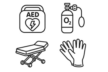 Medical emergency icons set, outline style AED device, oxygen tank, stretcher, protective medical gloves, vector cartoon illustration for healthcare and first aid