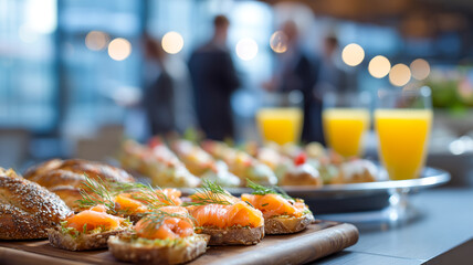 Catering table with appetizer breads topped with smoked salmon and orange juice during networking event, people conversing in background