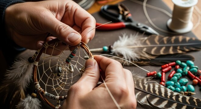 Close-up of hands crafting a dreamcatcher with feathers and beads, Native American craft