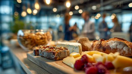 Fototapeta premium Assortment of breads, cheeses, and berries artfully arranged on a wooden board, ready to serve at a gathering or event.