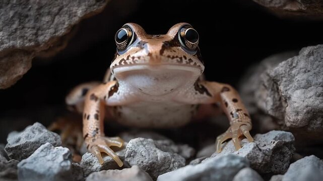 A close-up of a frog hiding among rocks, showcasing its distinctive patterns and large eyes.