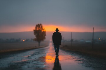 Man walking alone on rainy road at sunset, cinematic moody scene perfect for book covers, campaigns about solitude, or storytelling projects
