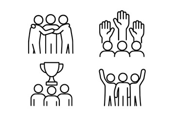 Fototapeta premium Team Victory Icons Set. Outline vector illustration of collaboration, unity, team huddle, raised hands, trophy celebration with teammates on transparent background.