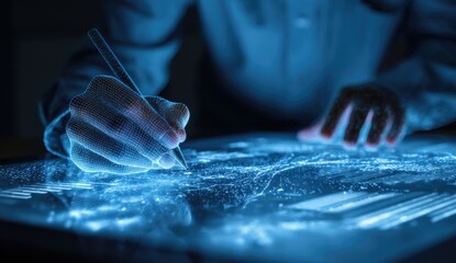 Digital hand uses stylus on glowing surface, abstract data visual