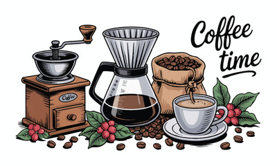 Hand-Drawn Coffee Set with a Grinder, Pour-Over Carafe, and a Steaming Cup of Coffee.