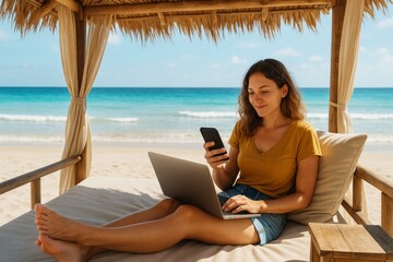 Woman working remotely on laptop and using smartphone under tropical beach cabana with ocean in background, concept of digital nomad lifestyle. Ai generative