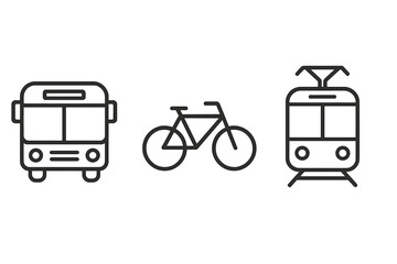 Urban public transport and eco-friendly mobility icons set featuring bus, bicycle, and tram line vector illustrations for sustainable city commuting and active lifestyle