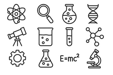 Set of line style web icons illustrating scientific concepts, tools, and education elements for digital use, vector cartoon illustration with transparent background, science and technology symbols