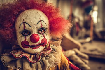 Vintage creepy clown with red hair in antique setting
