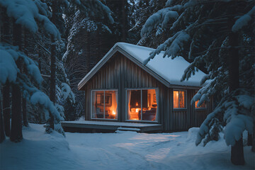 Cozy cabin in snowy forest with warm inviting lights, perfect for winter getaways and escapes