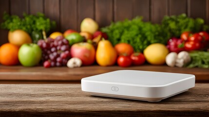 White modern food scale sits on a wooden table with fresh colorful produce in the background image blur.