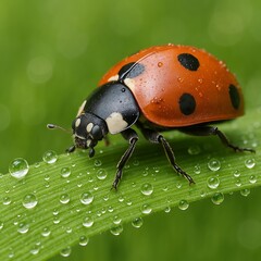 Fototapeta premium Close-up of a Vibrant Red and Black Ladybug Crawling on Dewy Green Leaf
