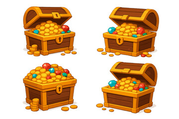 Treasure chests overflowing with gold coins and colorful gemstones, digital cartoon vector illustration symbolizing wealth, fortune, adventure, and treasure hunt concept
