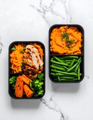 Healthy Meal Prep: Grilled Chicken, Sweet Potato, Broccoli, and Green Beans in Black Bento Boxes