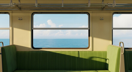 Interior view of a train carriage with green seats, looking out at the ocean and sky.